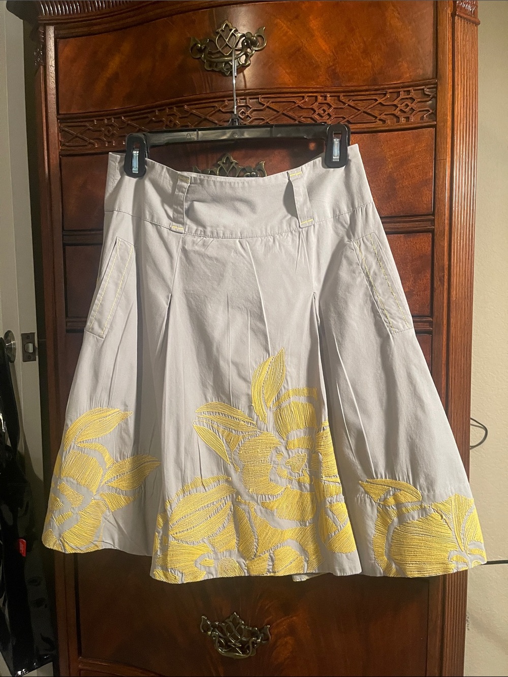 Floreat Cream A-Line Skirt with Yellow Floral Embroidery